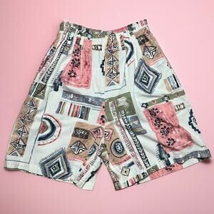 VINTAGE 90s Bermuda Shorts Geometric Pastel Size L High Waist Retro Colorblock